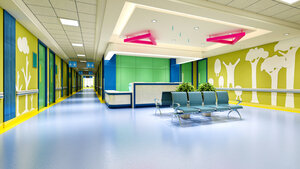 Sjukhus korridor med konst