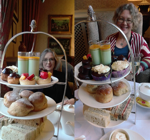 Annakim can be seen behind a beautiful multi-tiered dish of assorted goodies. It looks like afternoon tea is being served. Annakim has light shoulder-length hair, glasses and is wearing a black blazer. In the background are other café visitors and beautiful paintings on the walls. The same goes for Ann-Sofie, in the image next to Annakim's.