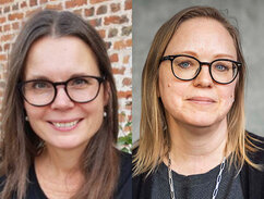 Maria Småberg and Lina Sturfelt. Maria stands in front of a brick wall and a green bush, smiling. She has long dark hair that blows slightly to the side in the breeze and dark glasses. She is wearing a dark blue cardigan buttoned with a button over a light-coloured T-shirt.  Lina's picture is taken inside. She wears glasses and a black cardigan over a blue top.