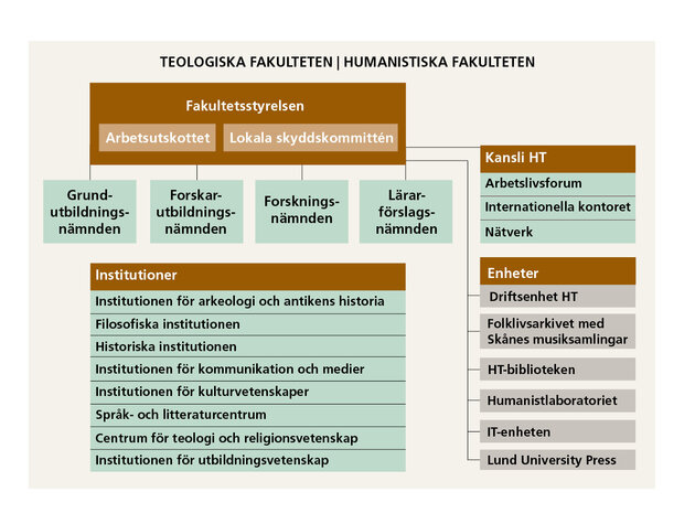 Ett flödesschema som beskriver vilka nämnder och utskott som finns på fakulteterna. Till Kansli HT hör även internationella kontoret, arbetslivsforum och olika nätverk. 