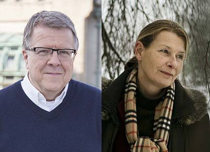 Bild på humanistiska fakultetens hedersdoktorer 2019 Bruce Karstadt och Helle Vandkilde
