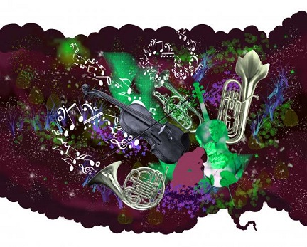 Abstrakt bild med stjärnor och musikinstrument